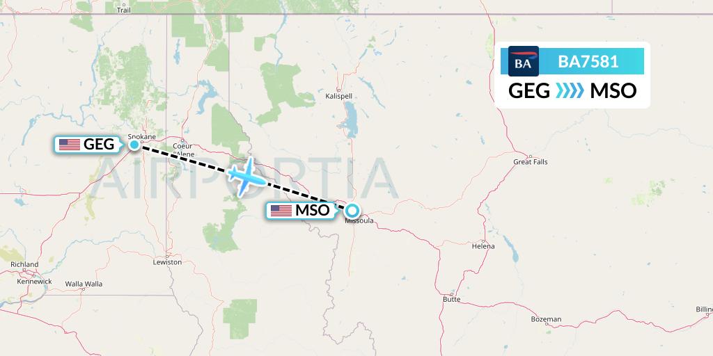 BA7581 British Airways Flight Map: Spokane to Missoula