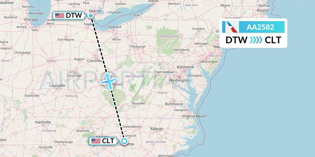 AA2582 American Airlines Flight Map: Detroit to Charlotte