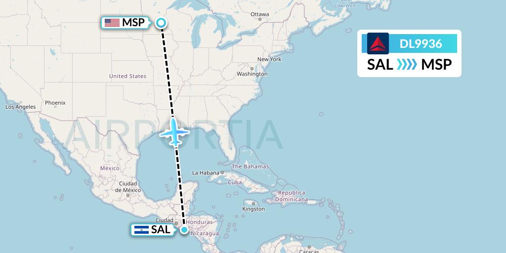 DL9936 Delta Air Lines Flight Map: San Salvador to Minneapolis