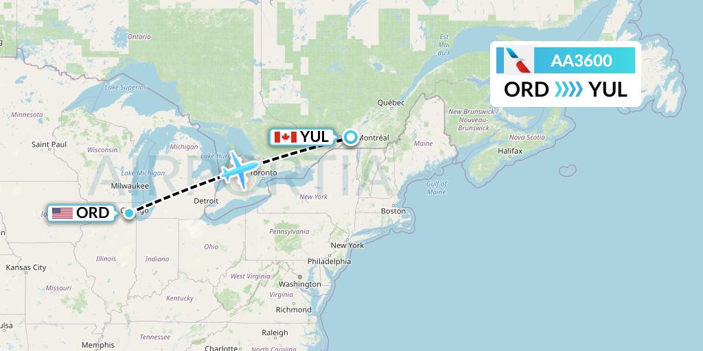 AA3600 American Airlines Flight Map: Chicago to Montreal