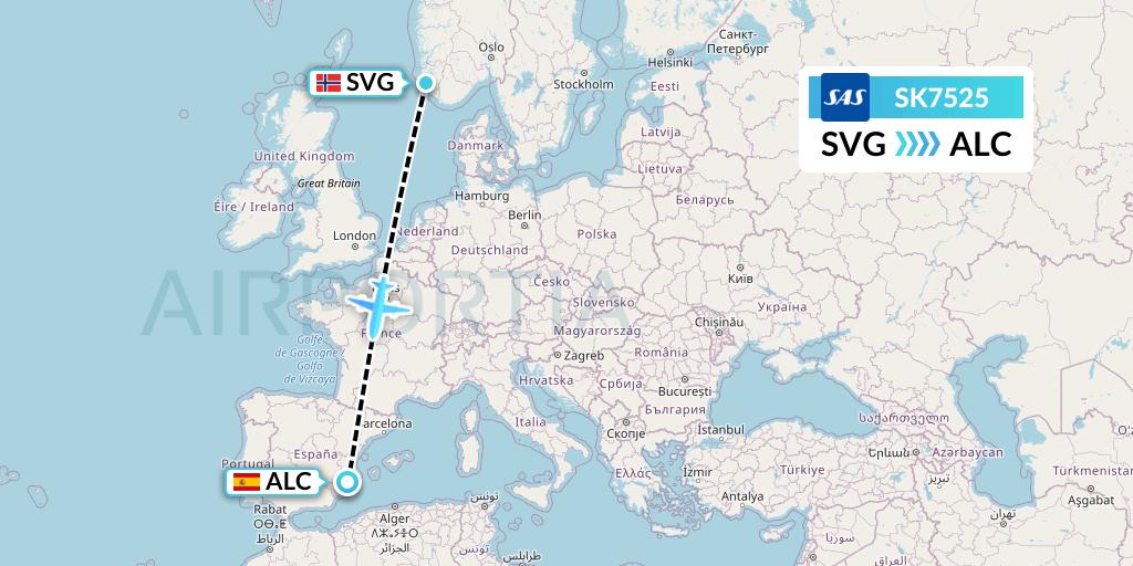 SK7525 SAS Flight Map: Stavanger to Alicante