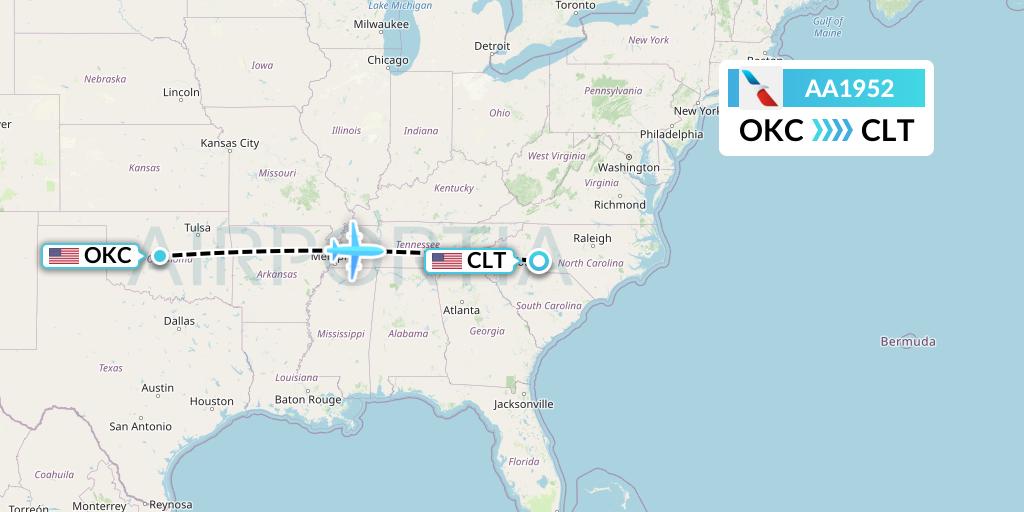 AA1952 American Airlines Flight Map: Oklahoma City to Charlotte