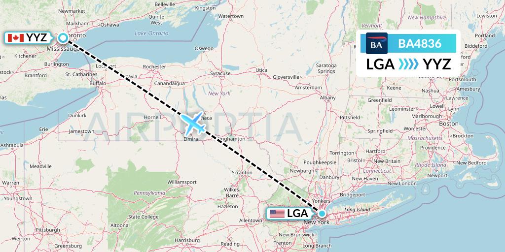 BA4836 British Airways Flight Map: New York to Toronto