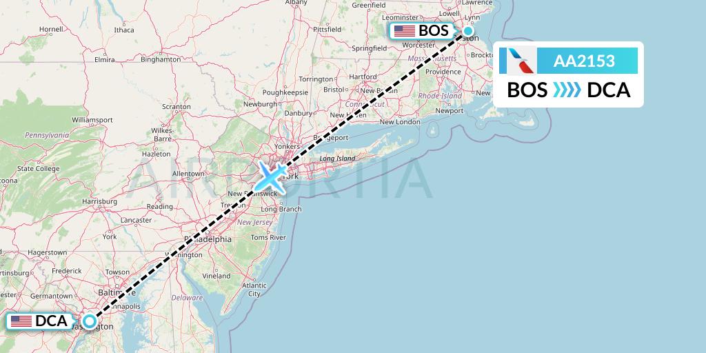 AA2153 American Airlines Flight Map: Boston to Washington