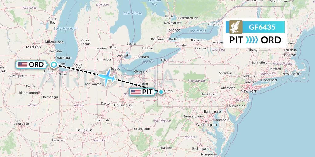 GF6435 Gulf Air Flight Map: Pittsburgh to Chicago
