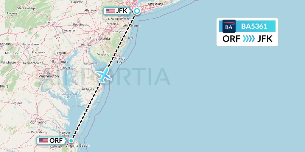 BA5361 British Airways Flight Map: Norfolk to New York