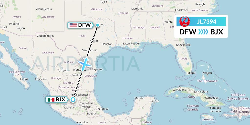 JL7394 Japan Airlines Flight Map: Dallas to Silao