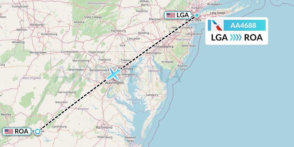 AA4688 American Airlines Flight Map: New York to Roanoke