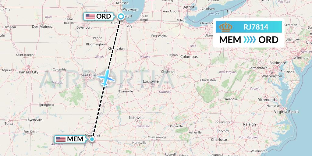 RJ7814 Royal Jordanian Flight Map: Memphis to Chicago