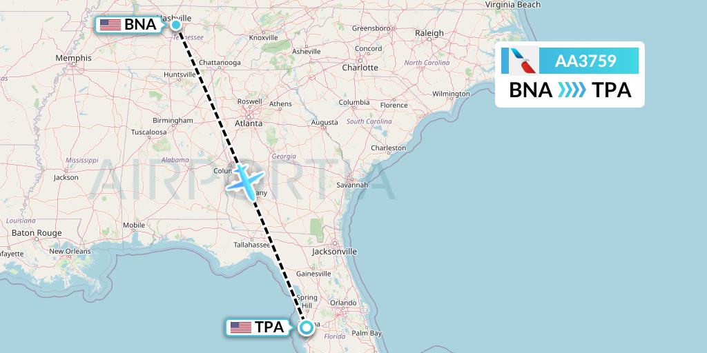 AA3759 American Airlines Flight Map: Nashville to Tampa