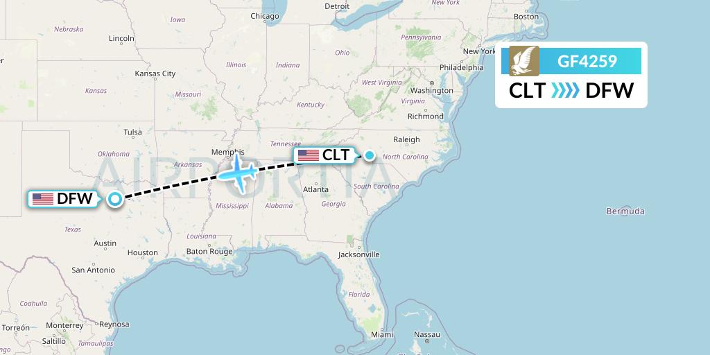 GF4259 Gulf Air Flight Map: Charlotte to Dallas