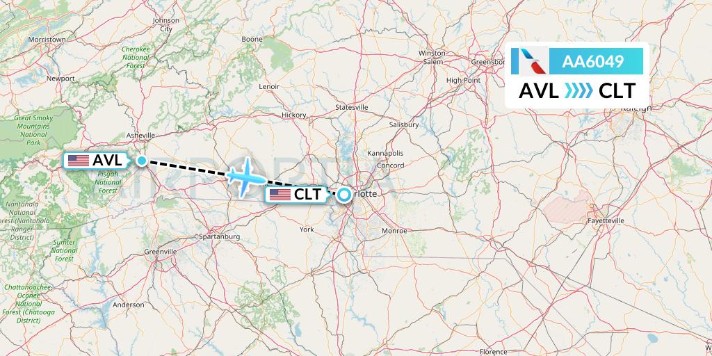 AA6049 American Airlines Flight Map: Asheville to Charlotte