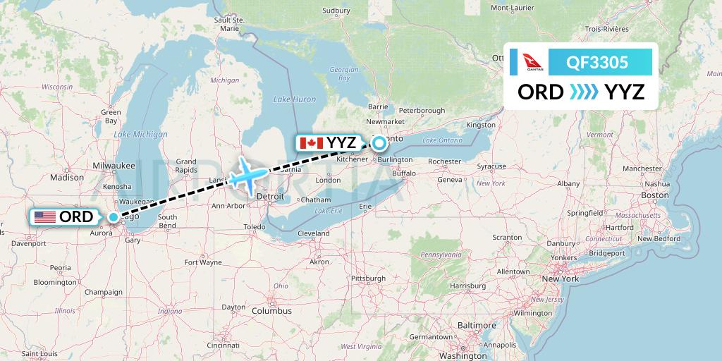 QF3305 Qantas Flight Map: Chicago to Toronto