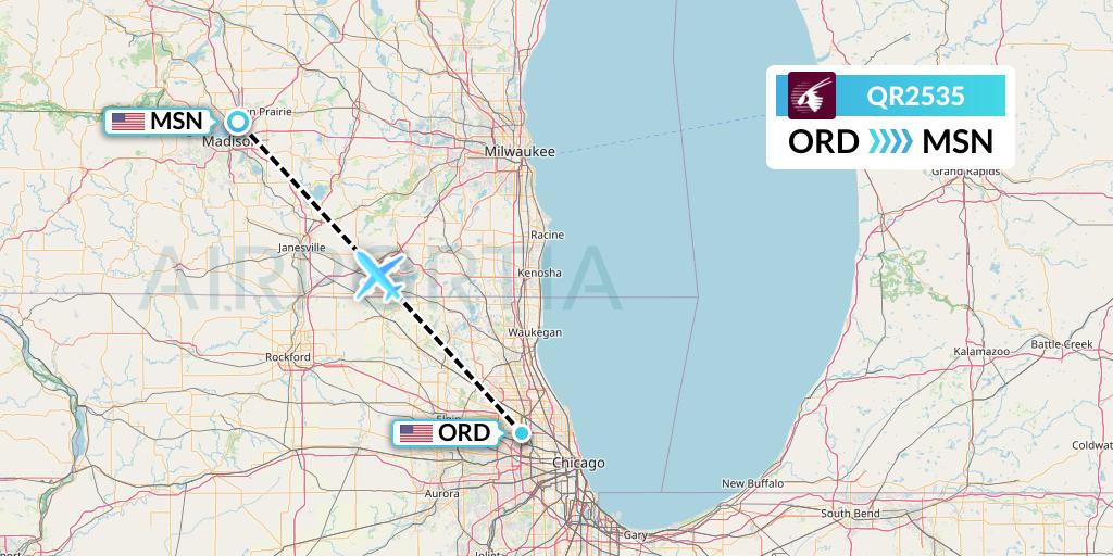 QR2535 Qatar Airways Flight Map: Chicago to Madison