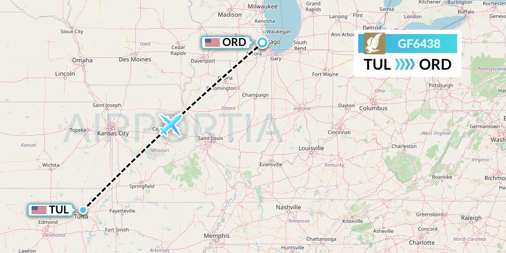 GF6438 Gulf Air Flight Map: Tulsa to Chicago