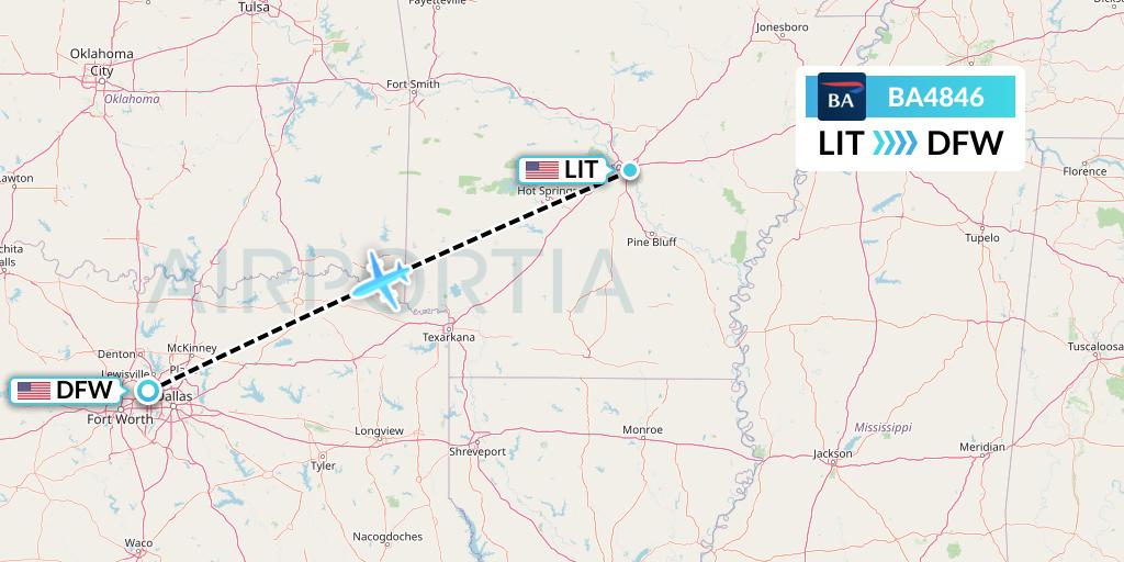 BA4846 British Airways Flight Map: Little Rock to Dallas