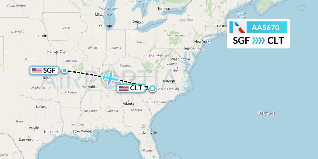AA5670 American Airlines Flight Map: Springfield to Charlotte