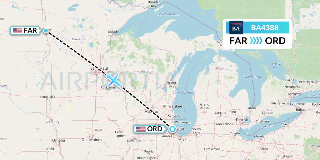 BA4388 British Airways Flight Map: Fargo to Chicago