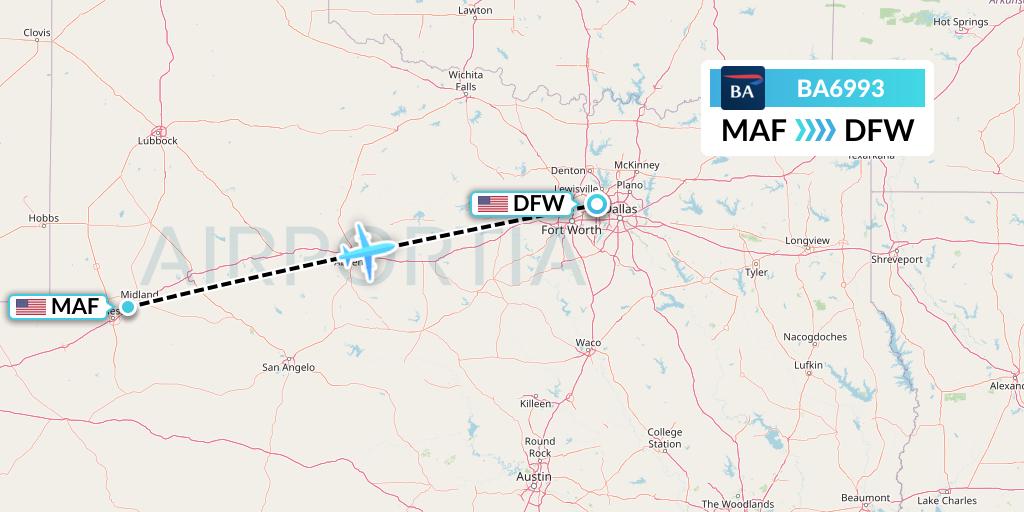 BA6993 British Airways Flight Map: Midland to Dallas