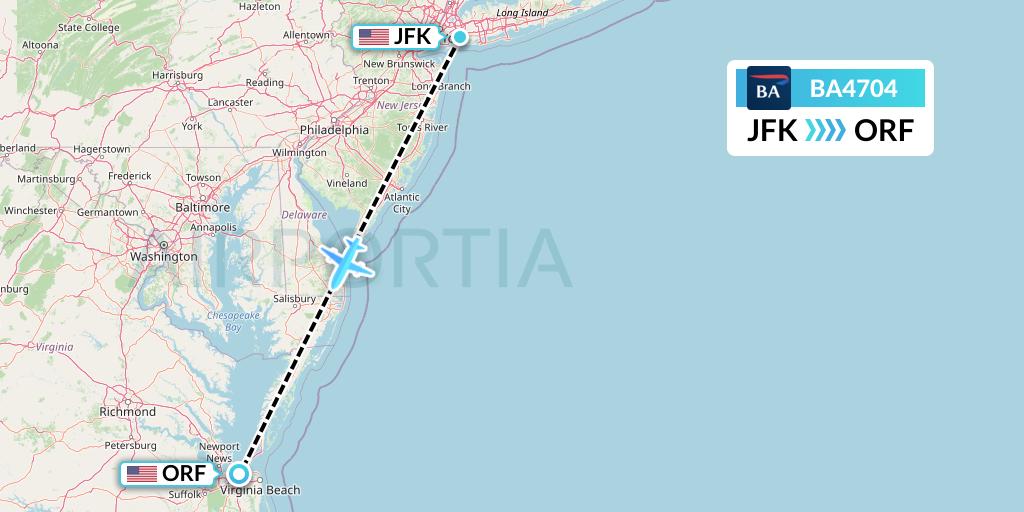 BA4704 British Airways Flight Map: New York to Norfolk