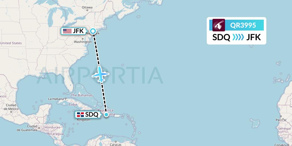 QR3995 Qatar Airways Flight Map: Santo Domingo to New York