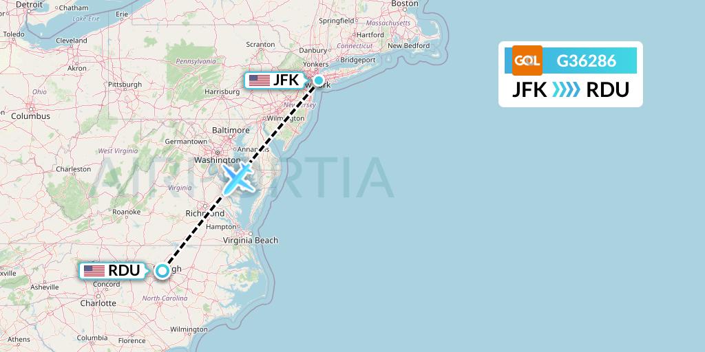 G36286 GOL Transportes Aeros Flight Map: New York to Raleigh-Durham