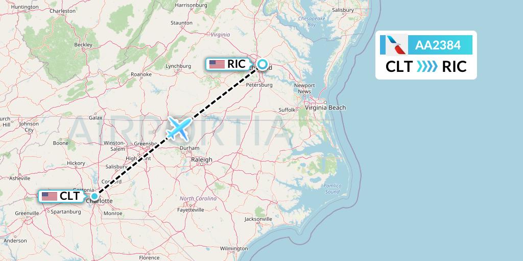 AA2384 American Airlines Flight Map: Charlotte to Richmond