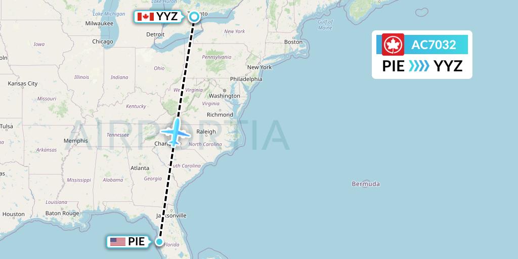 AC7032 Air Canada Flight Map: St. Petersburg to Toronto