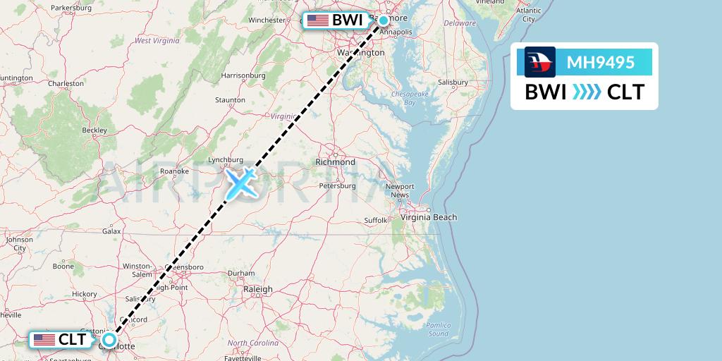 MH9495 Malaysia Airlines Flight Map: Baltimore to Charlotte