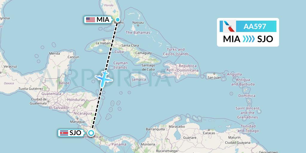 AA597 American Airlines Flight Map: Miami to San Jose