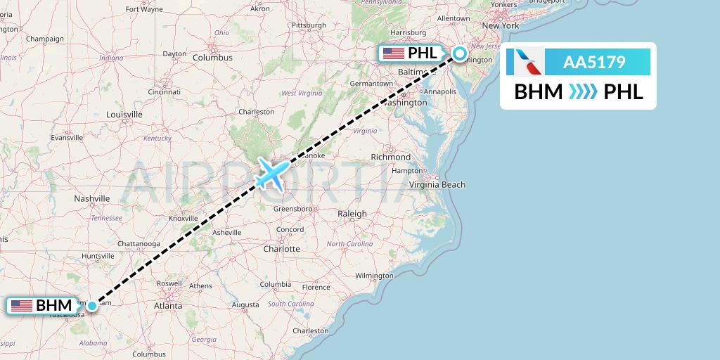 AA5179 American Airlines Flight Map: Birmingham to Philadelphia