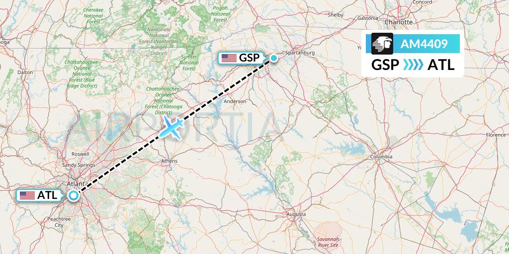 AM4409 Aeromexico Flight Map: Greenville-Spartanburg to Atlanta