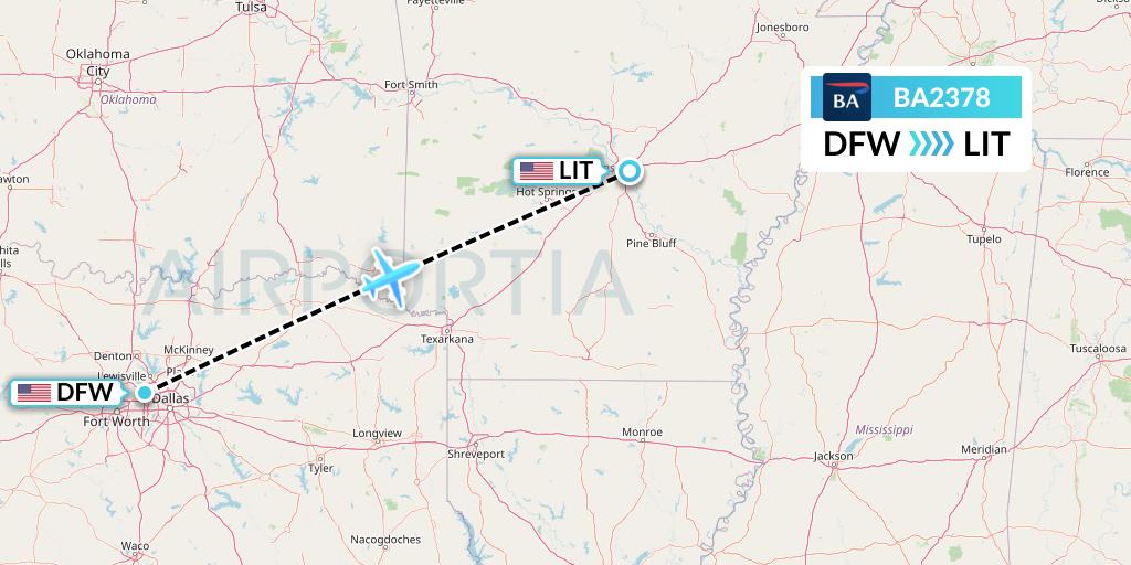 BA2378 British Airways Flight Map: Dallas to Little Rock