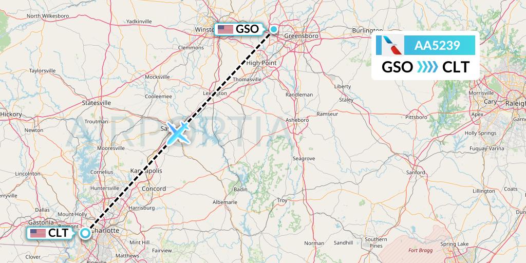 AA5239 American Airlines Flight Map: Greensboro to Charlotte