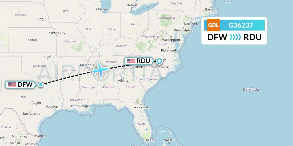 G36237 GOL Transportes Aeros Flight Map: Dallas to Raleigh-Durham