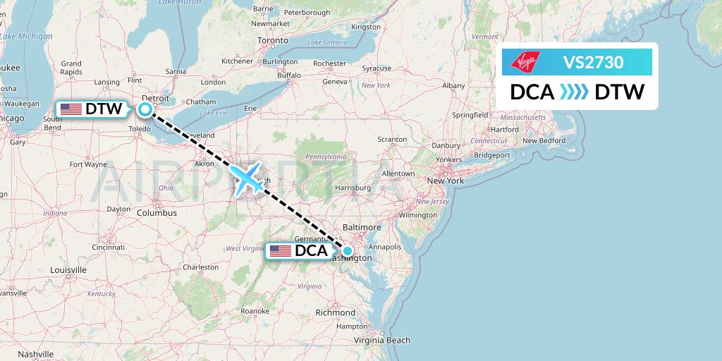 VS2730 Virgin Atlantic Airways Flight Map: Washington to Detroit