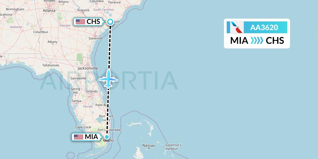 AA3620 American Airlines Flight Map: Miami to Charleston