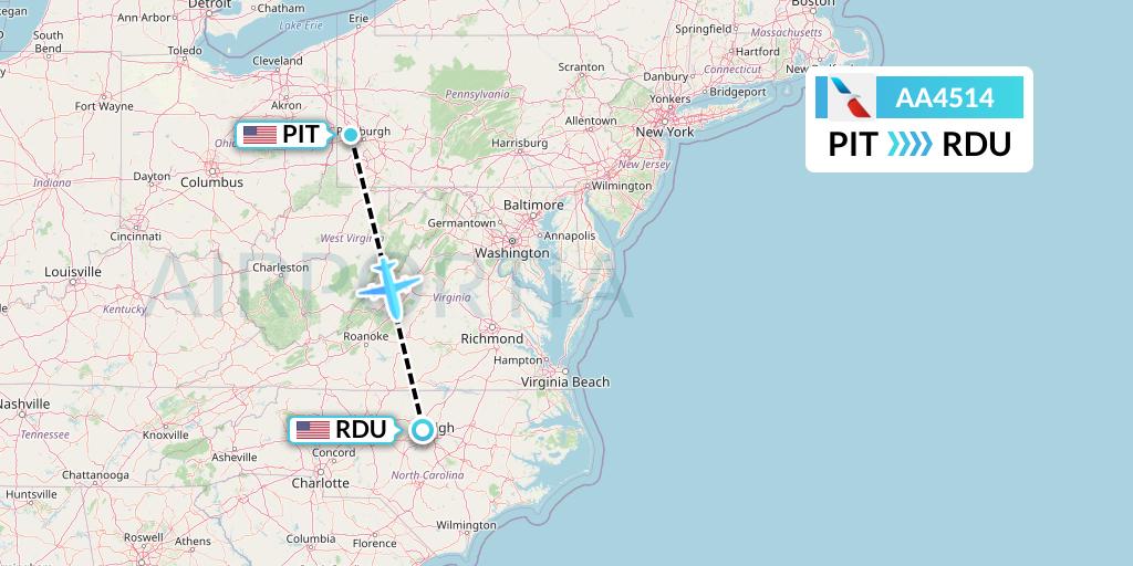 AA4514 American Airlines Flight Map: Pittsburgh to Raleigh-Durham
