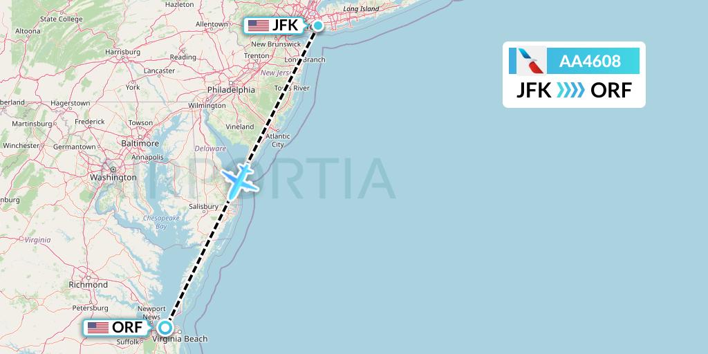 AA4608 American Airlines Flight Map: New York to Norfolk