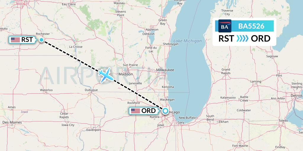 BA5526 British Airways Flight Map: Rochester to Chicago