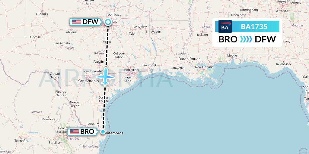BA1735 British Airways Flight Map: Brownsville to Dallas