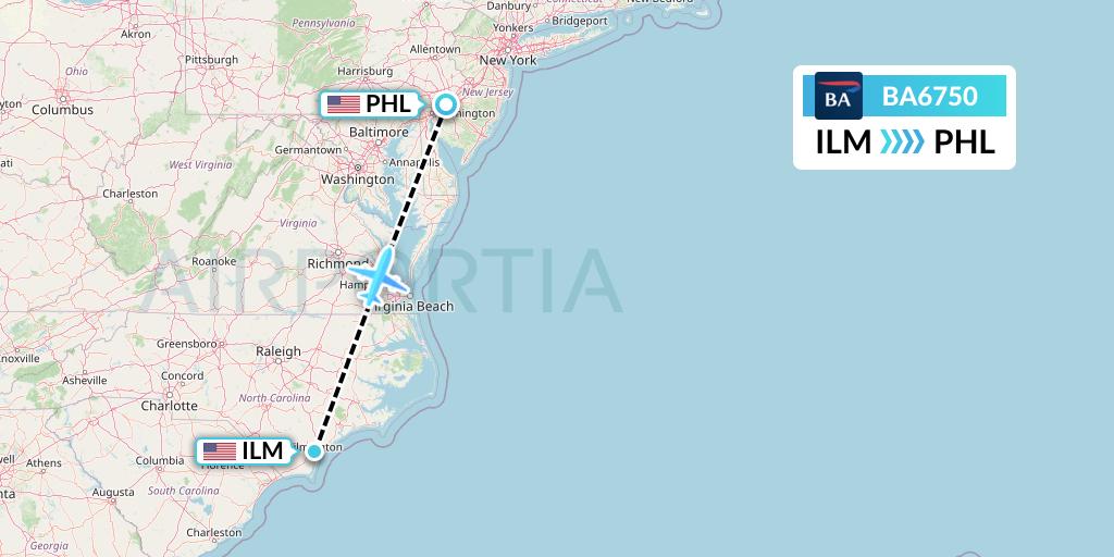 BA6750 British Airways Flight Map: Wilmington to Philadelphia