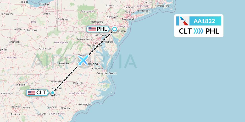 AA1822 American Airlines Flight Map: Charlotte to Philadelphia