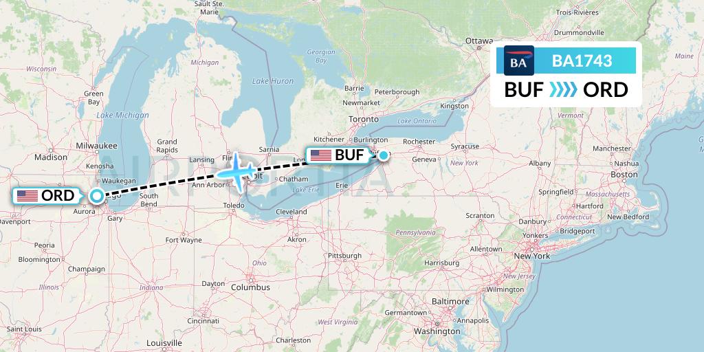 BA1743 British Airways Flight Map: Buffalo to Chicago