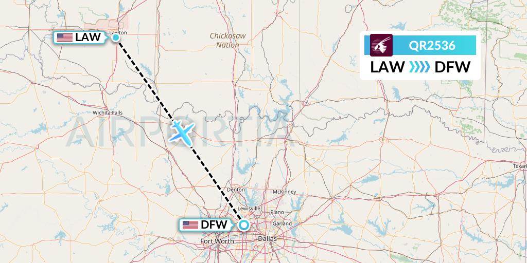 QR2536 Qatar Airways Flight Map: Lawton to Dallas