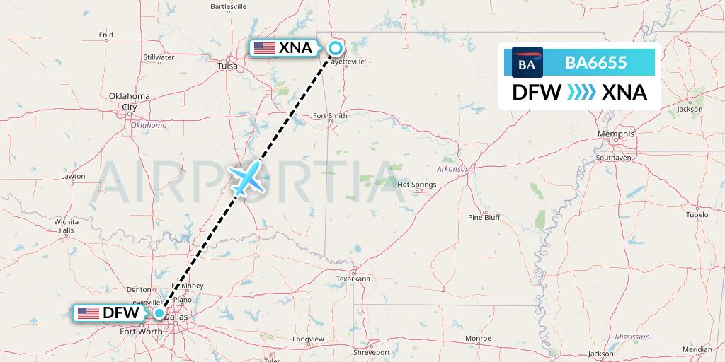 BA6655 British Airways Flight Map: Dallas to Bentonville
