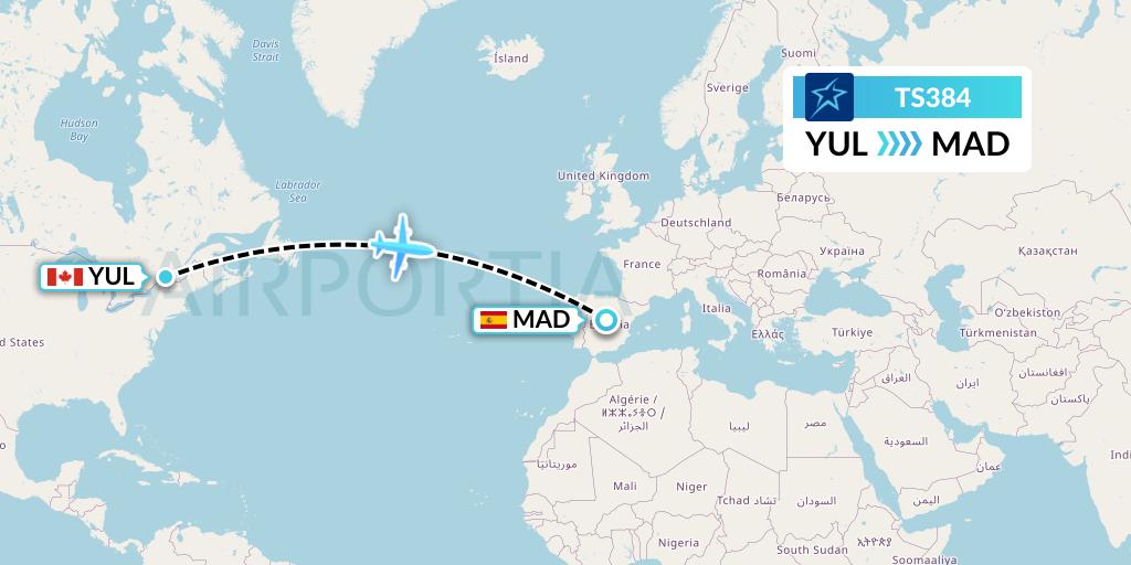 TS384 Air Transat Flight Map: Montreal to Madrid