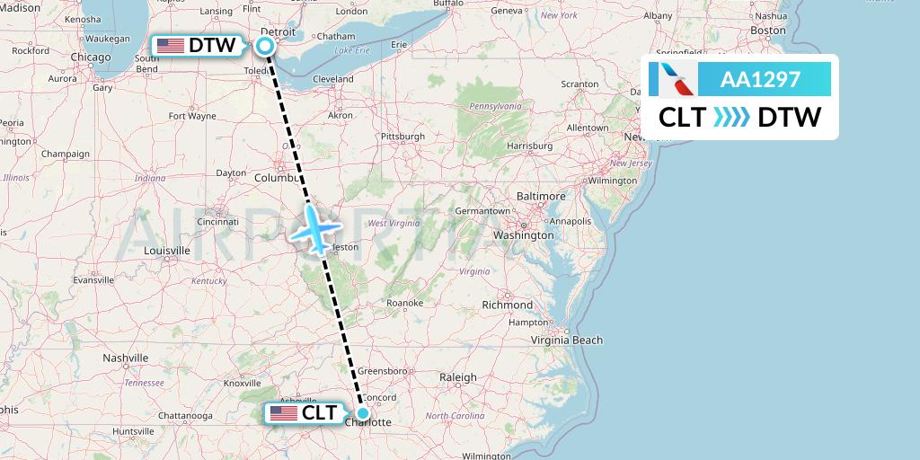 AA1297 American Airlines Flight Map: Charlotte to Detroit