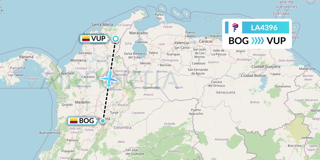 LA4396 LAN Airlines Flight Map: Bogota to Valledupar
