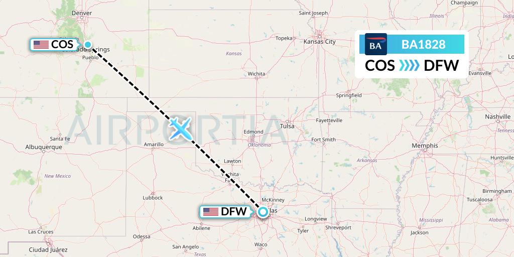 BA1828 British Airways Flight Map: Colorado Springs to Dallas